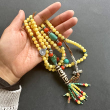 Genuine Amber Tibetan Mala with 4-eye Old Dzi Bead Necklace