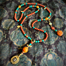 Fine NanHong Agate and Turquoise Mala Necklace with dZi Silver Pendant