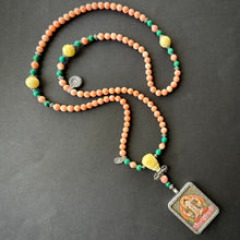 Genuine Angelskin Coral and Hand-painted “Lotus Buddha” Thangka  Mala Necklace