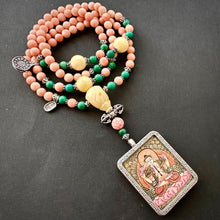 Genuine Angelskin Coral and Hand-painted “Lotus Buddha” Thangka  Mala Necklace