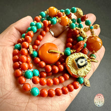 Fine NanHong Agate and Turquoise Mala Necklace with dZi Silver Pendant