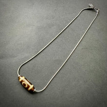 Vintage Tibetan 2-Eyes Dzi Bead Amulet on Silver Chain Necklace