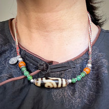 Vintage Tibetan 2-Eye dZi bead with Turquoise on Handmade Cord Necklace