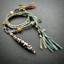 Lotus Master 3-Eye Tibetan Dzi bead with Handmade Cord Necklace