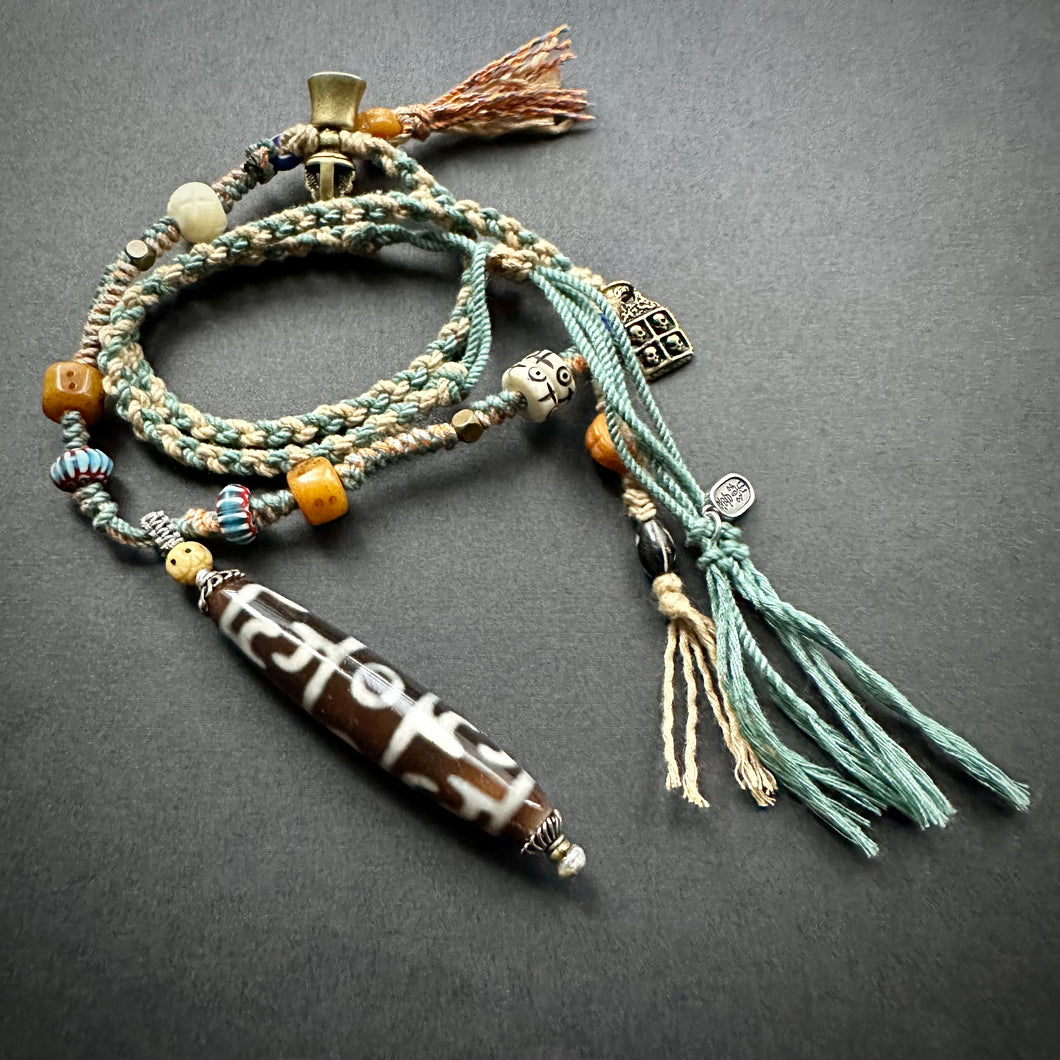 Lotus Master 3-Eye Tibetan Dzi bead with Handmade Cord Necklace