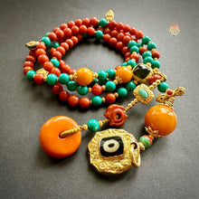Fine NanHong Agate and Turquoise Mala Necklace with dZi Silver Pendant