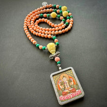 Genuine Angelskin Coral and Hand-painted “Lotus Buddha” Thangka  Mala Necklace