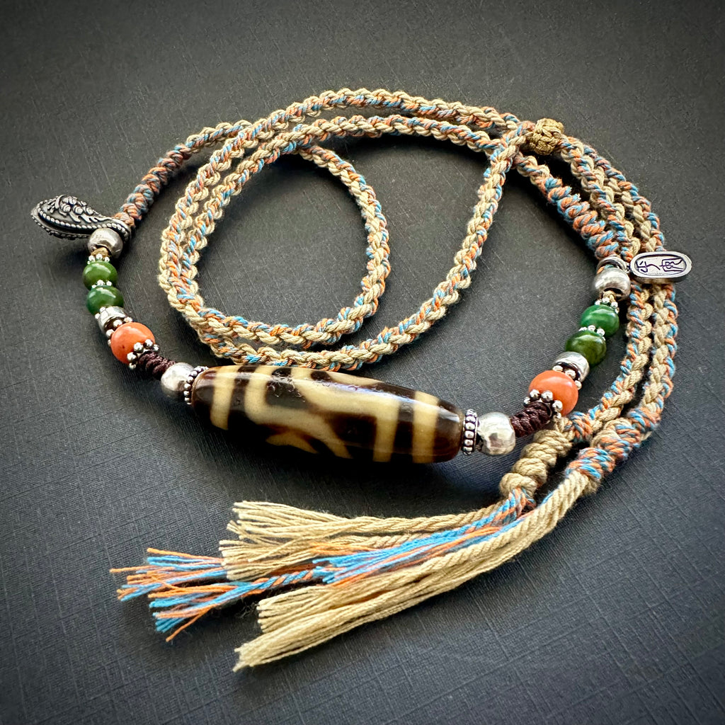 Vintage Tibetan 2-Eye dZi bead with Red Coral on Handmade Cord