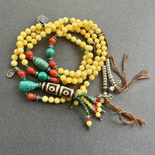 Genuine Amber Tibetan Mala with 4-eye Old Dzi Bead Necklace