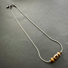 Vintage Tibetan 2-Eyes Dzi Bead Amulet on Silver Chain Necklace