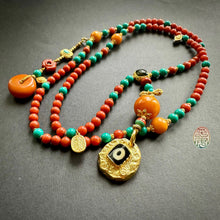 Fine NanHong Agate and Turquoise Mala Necklace with dZi Silver Pendant