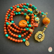 Fine NanHong Agate and Turquoise Mala Necklace with dZi Silver Pendant