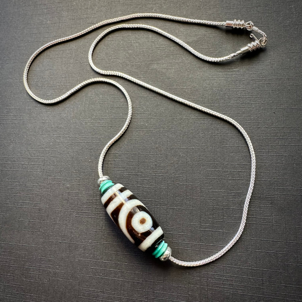 Vintage Tibetan 2-Eyes Dzi Bead Amulet on Silver Chain Necklace
