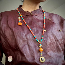 Fine NanHong Agate and Turquoise Mala Necklace with dZi Silver Pendant