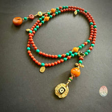Fine NanHong Agate and Turquoise Mala Necklace with dZi Silver Pendant