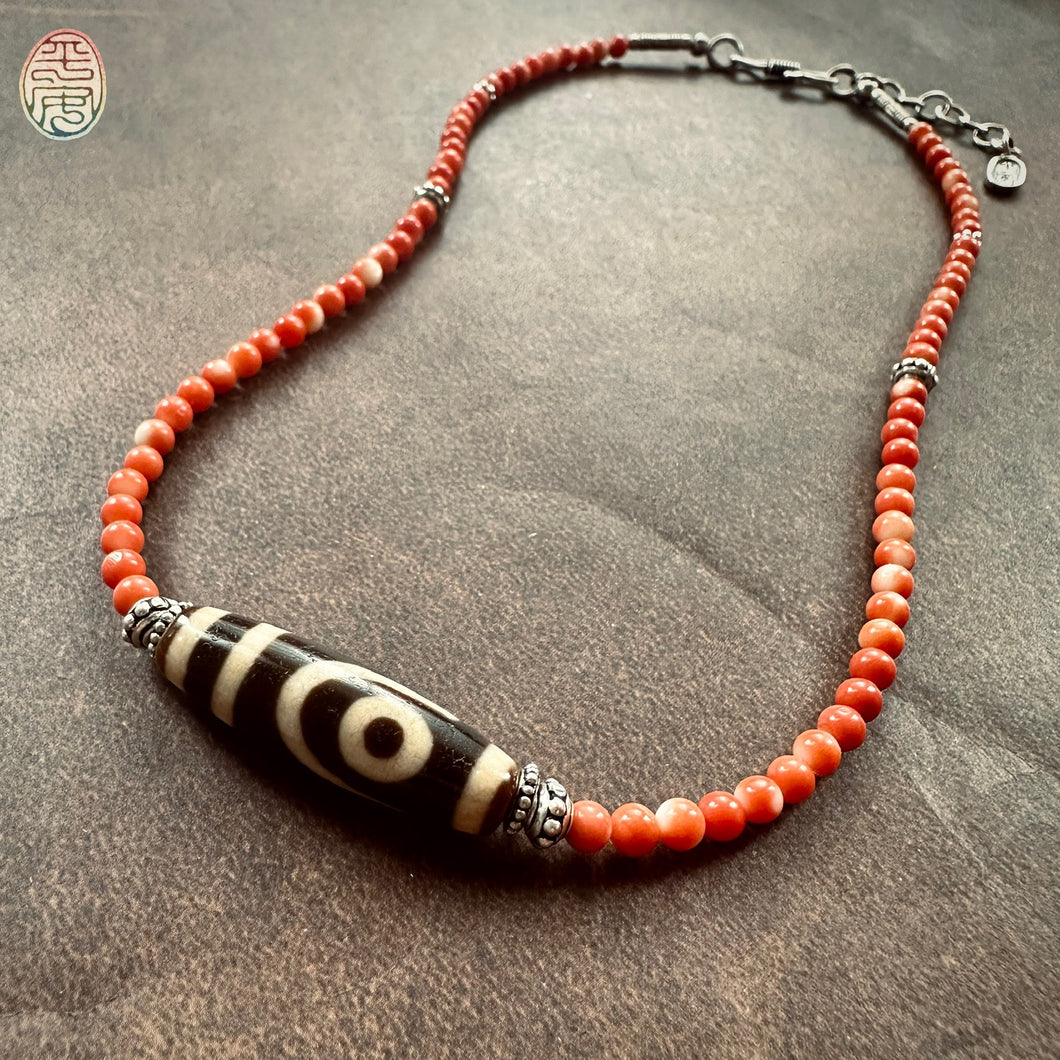 Genuine Tibetan Red Coral Necklace with 2-Eye  dZi Bead