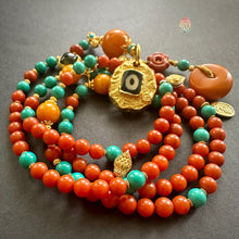 Fine NanHong Agate and Turquoise Mala Necklace with dZi Silver Pendant