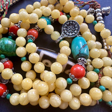 Genuine Amber Tibetan Mala with 4-eye Old Dzi Bead Necklace