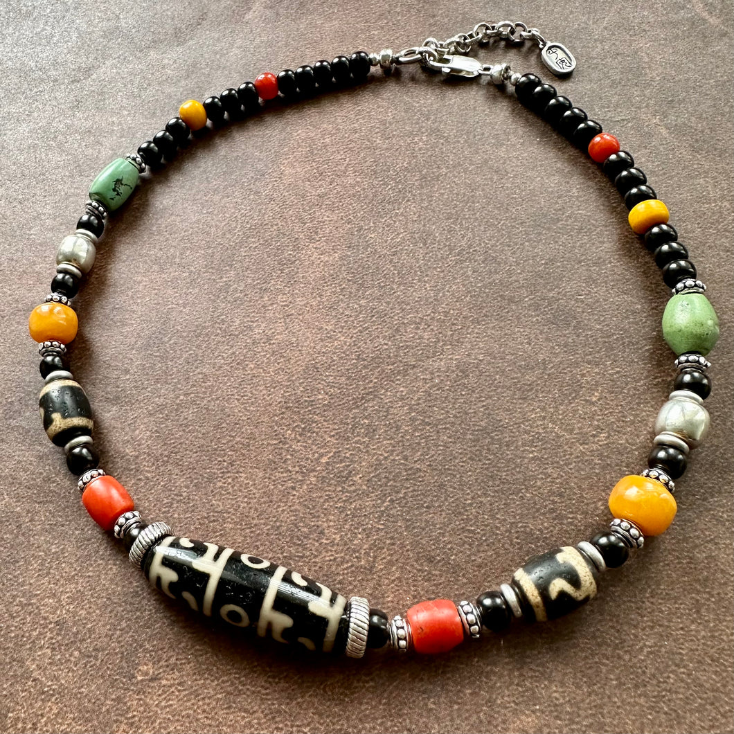 Vintage 3-Eye Dzi and Old Tibetan Beads  Necklace