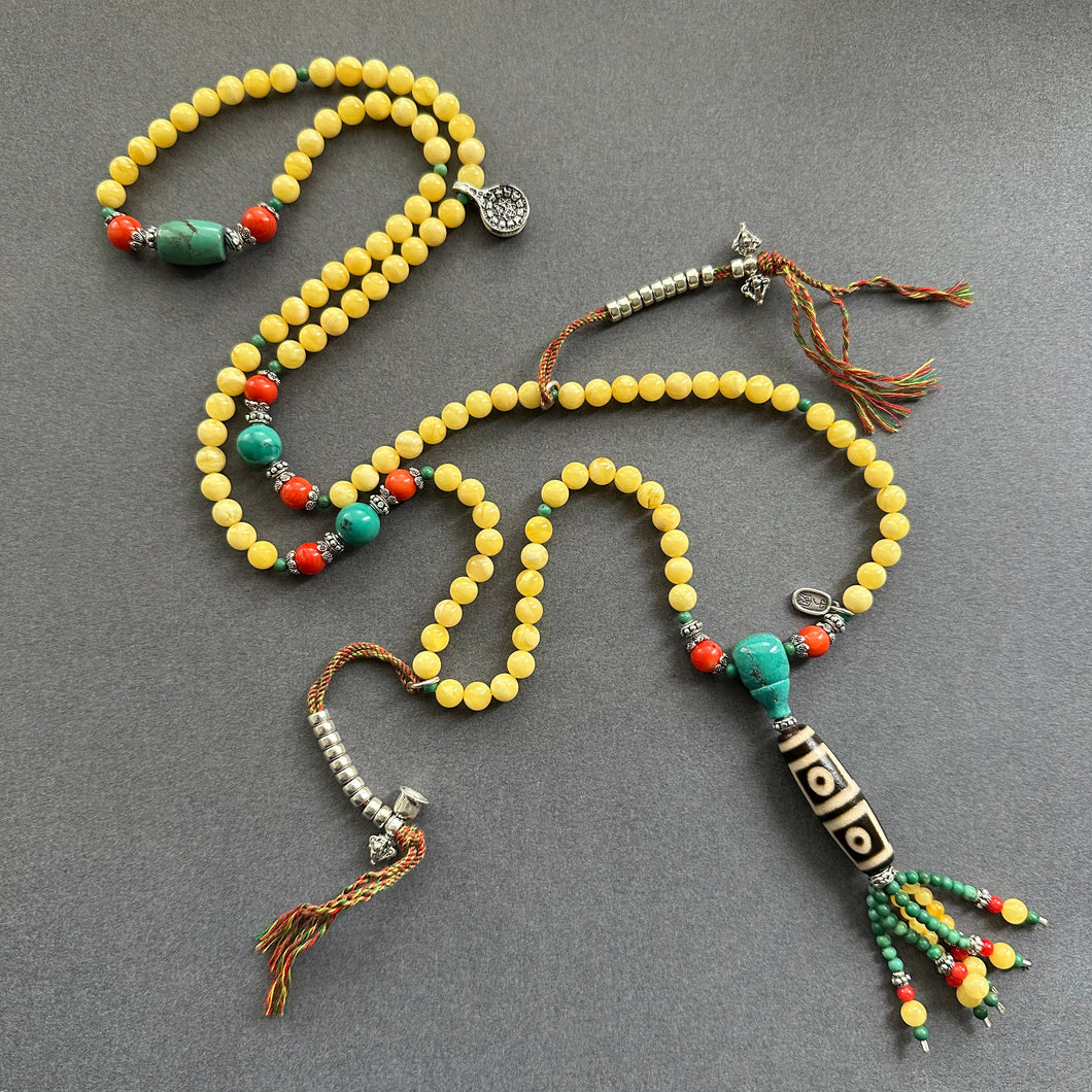 Genuine Amber Tibetan Mala with 4-eye Old Dzi Bead Necklace