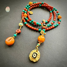 Fine NanHong Agate and Turquoise Mala Necklace with dZi Silver Pendant