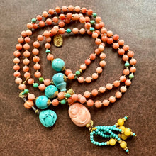 Genuine Angelskin Coral and Turquoise Mala Necklace