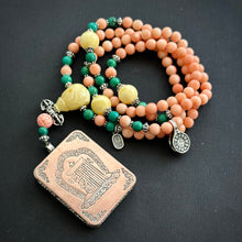 Genuine Angelskin Coral and Hand-painted “Lotus Buddha” Thangka  Mala Necklace