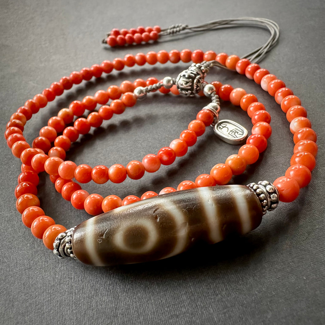 Genuine Tibetan Coral Necklace with 2-Eye  dZi Bead
