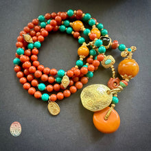 Fine NanHong Agate and Turquoise Mala Necklace with dZi Silver Pendant