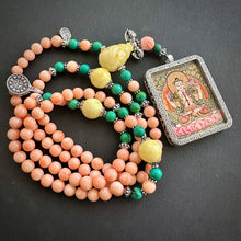 Genuine Angelskin Coral and Hand-painted “Lotus Buddha” Thangka  Mala Necklace
