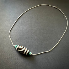 Vintage Tibetan 2-Eyes Dzi Bead Amulet on Silver Chain Necklace