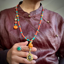 Fine NanHong Agate and Turquoise Mala Necklace with dZi Silver Pendant