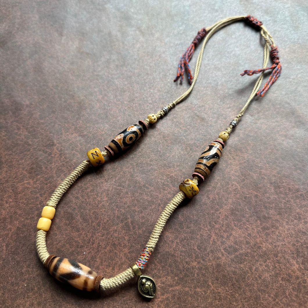 Old Tibetan Dzi beads with Handmade Cord Necklace