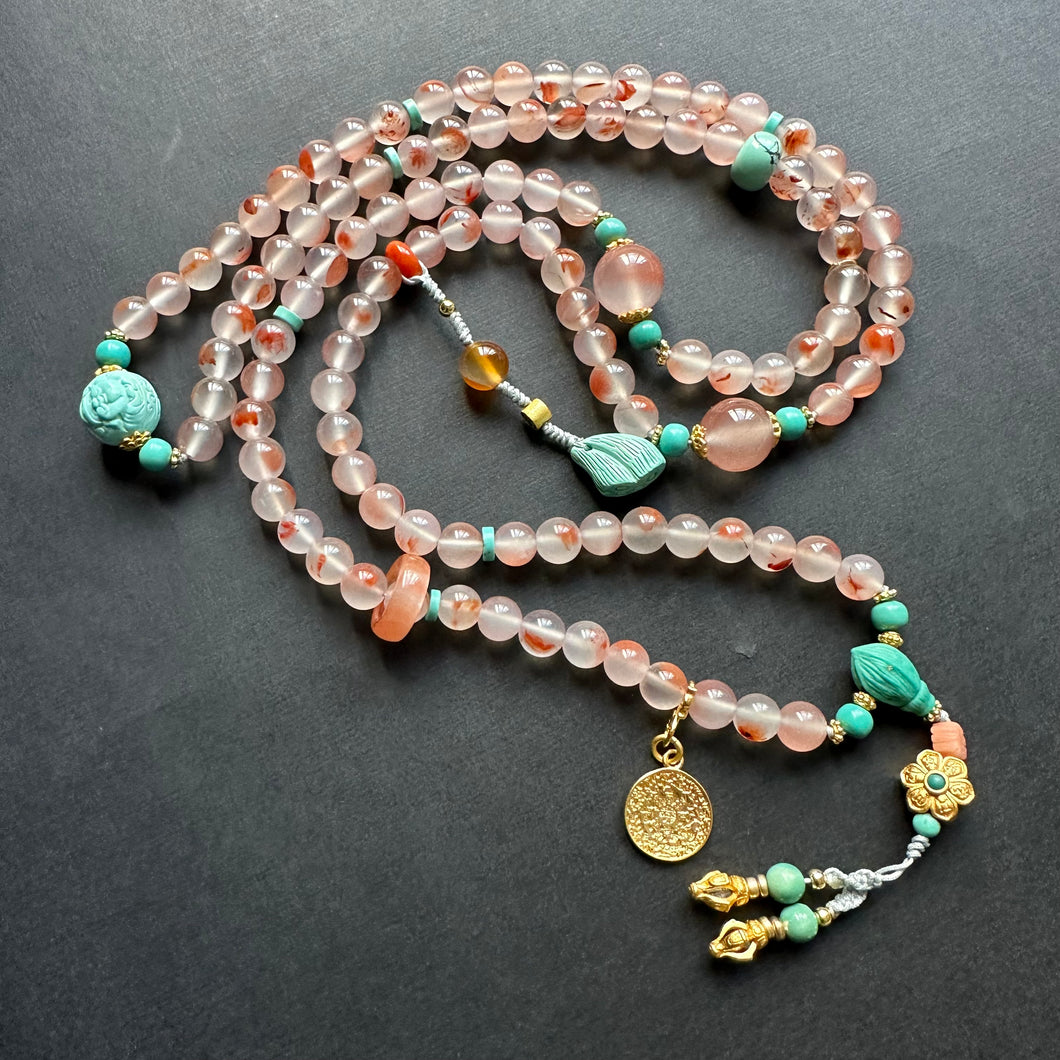 NanHong Icy-Float Agate and Turquoise Mala Necklace