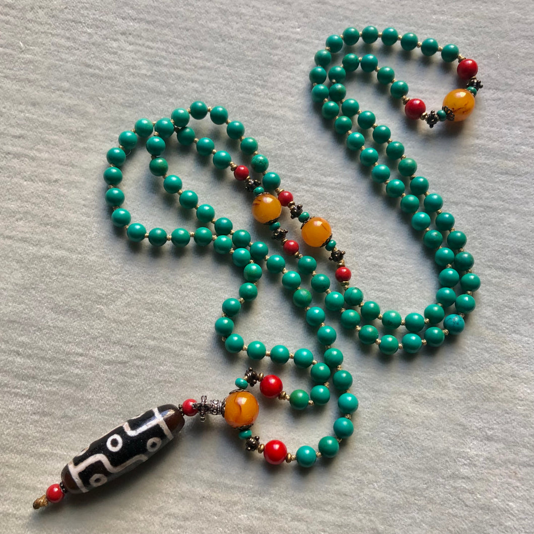Genuine Vintage Turquoise and Dzi bead Mala Necklace