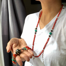 Genuine Antique Tibetan Red Coral and Old Dzi bead Mala Necklace