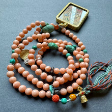 Genuine Angelskin Coral and Hand-painted “White Tara” Thangka  Mala Necklace