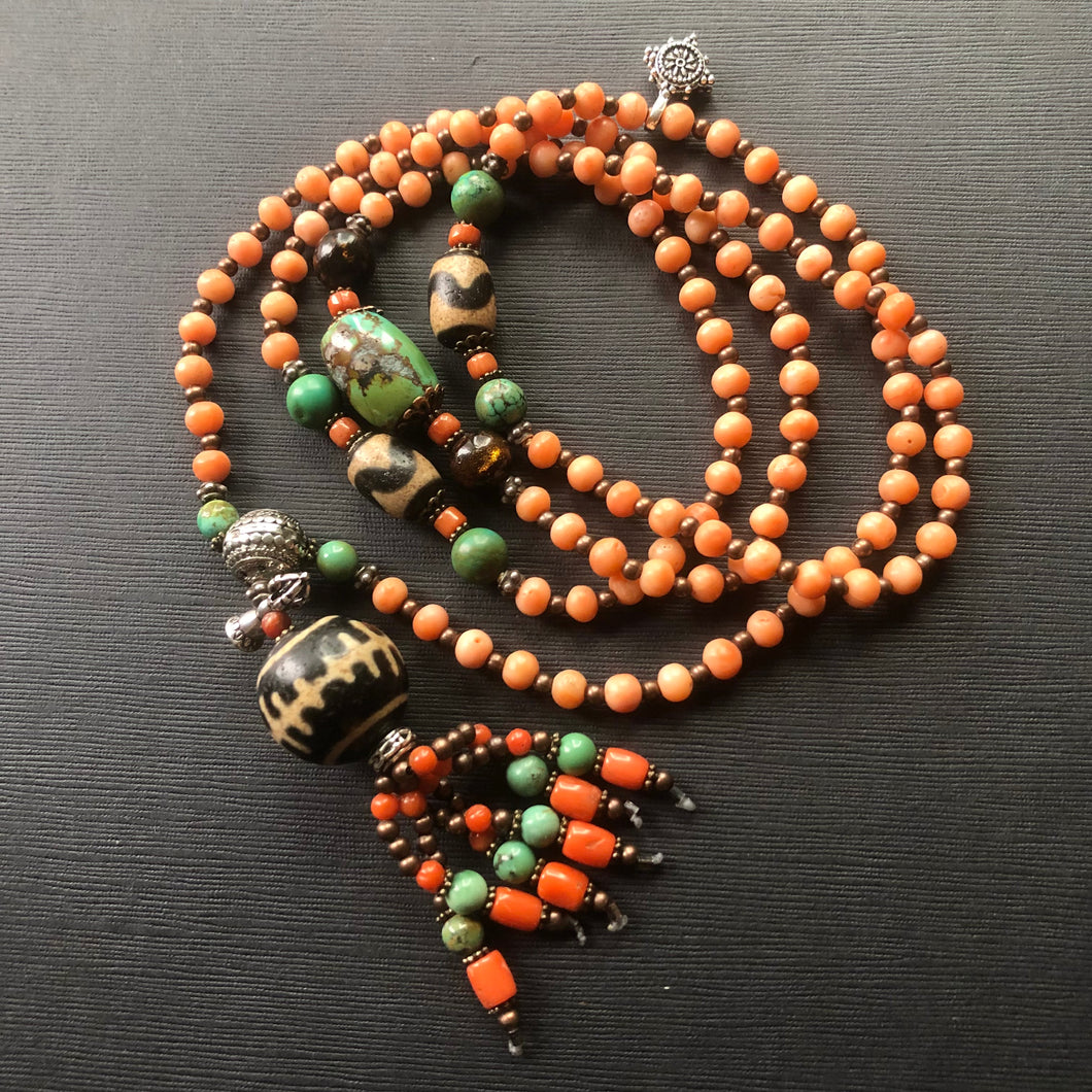 Genuine Antique Tibetan Coral and Old Dzi Mala Necklace