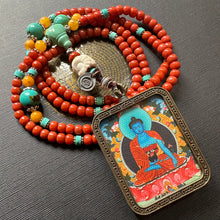 Certified NanHong Agate and Turquoise Mala Necklace with “Medicine Buddha” Thangka Pendant