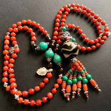 Genuine Antique Tibetan Red Coral and Old Dzi bead Mala Necklace