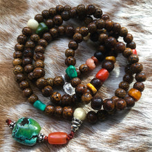 Old Star-Moon Bodhi Seeds Tibetan Mala with Tibetan Turquoise