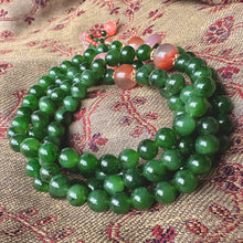 Green Nephrite Jade and NanHong Icy-Float Agate Mala Necklace