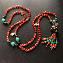 Genuine Antique Tibetan Red Coral and Old Dzi bead Mala Necklace