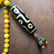 Genuine Amber Tibetan Mala with 9-eye Old Dzi Bead Necklace