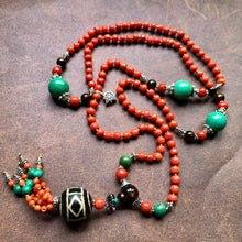 Genuine Antique Tibetan Red Coral and Old Dzi bead Mala Necklace