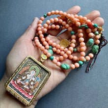 Genuine Angelskin Coral and Hand-painted “White Tara” Thangka  Mala Necklace