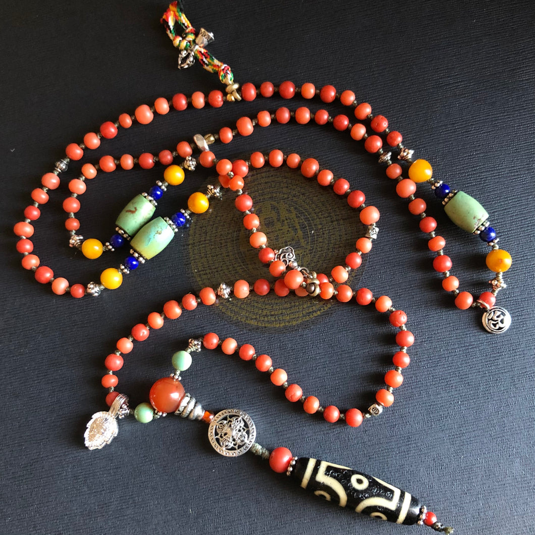 Genuine Antique Tibetan Red Coral with Dzi Mala Necklace