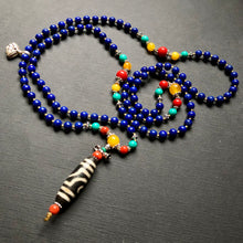 Lapis Lazuli and Old Dzi bead Tibetan Mala Necklace