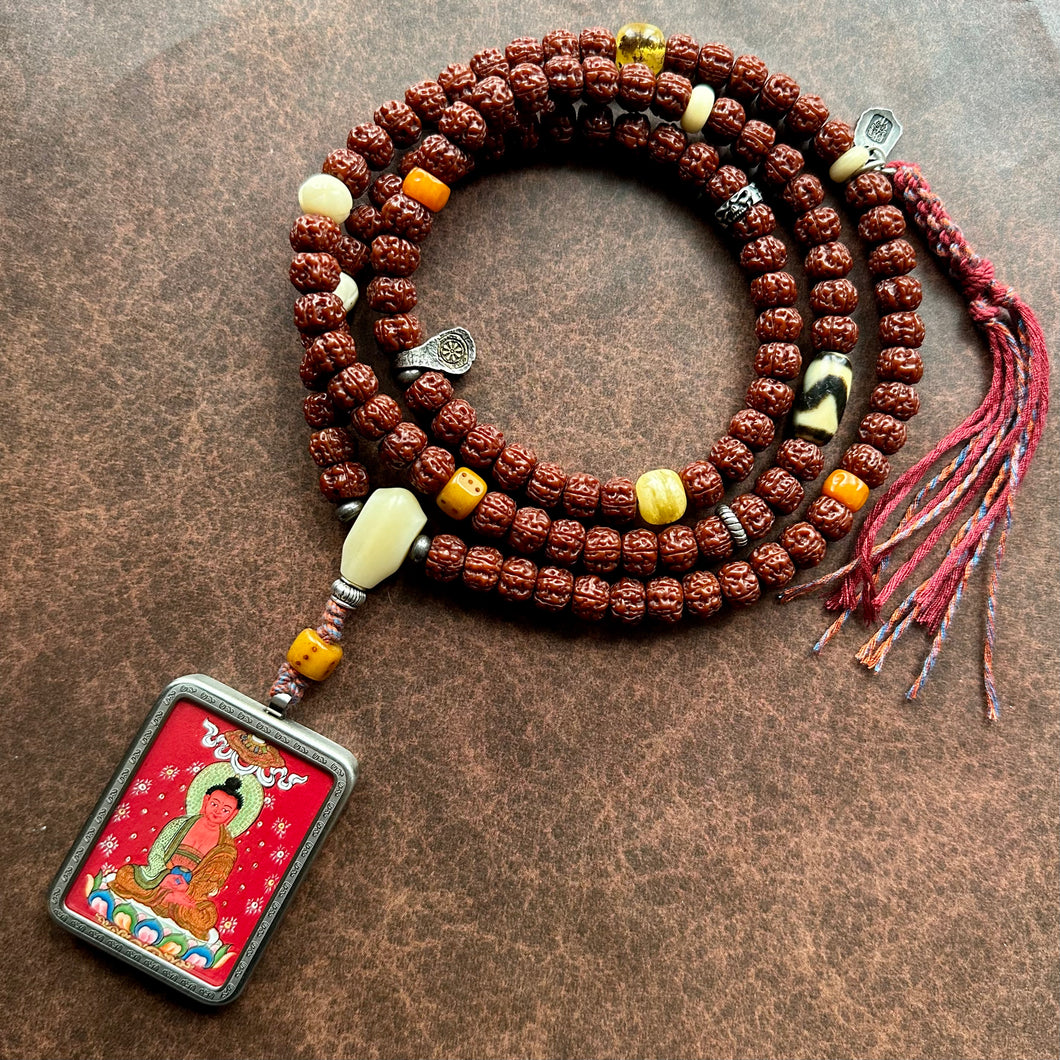 Hand-painted Amitabha Buddha Thangka on Rudraksha Bodhi Seeds Tibetan Mala