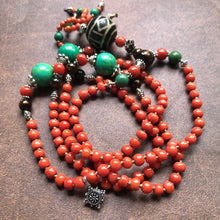 Genuine Antique Tibetan Red Coral and Old Dzi bead Mala Necklace